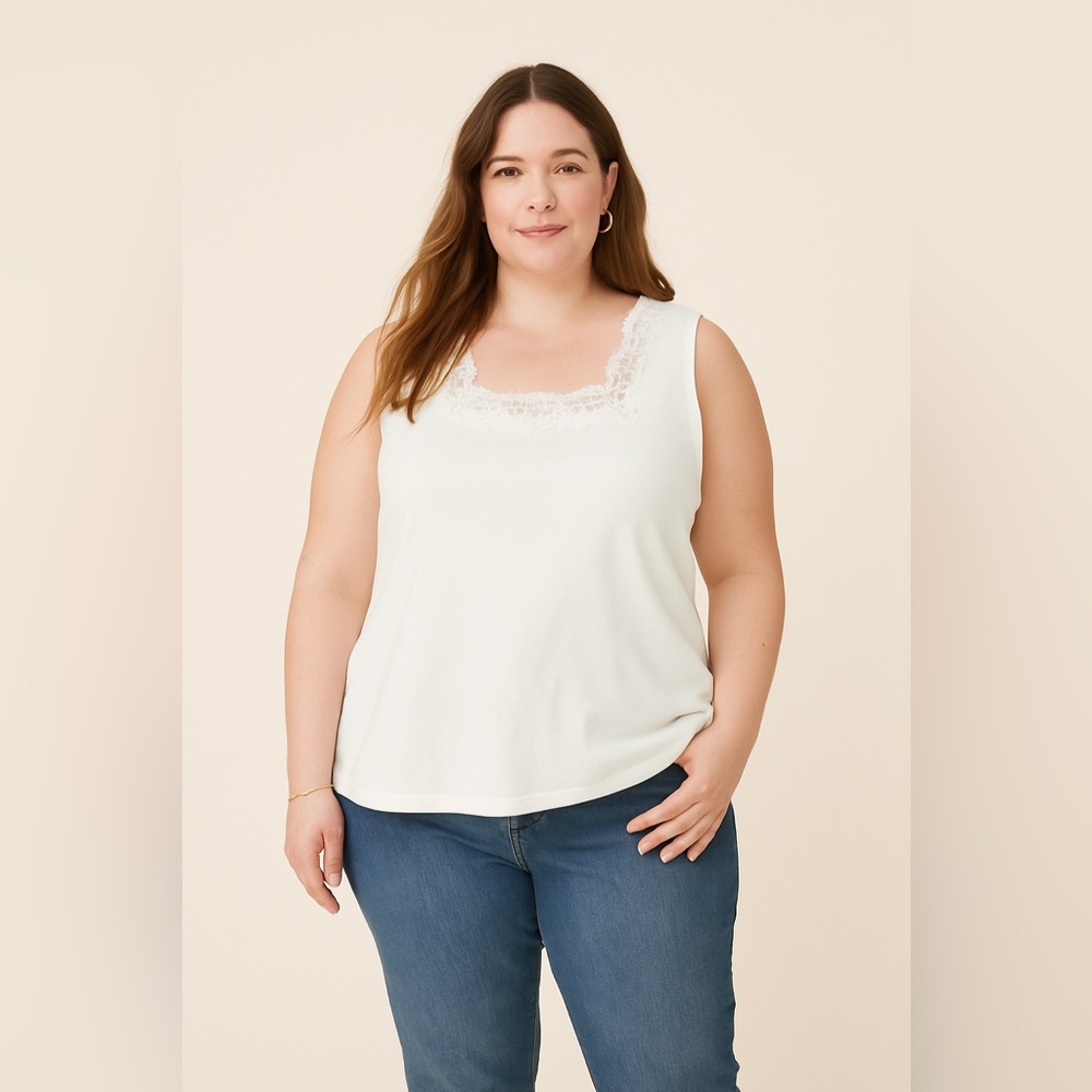 Coldwater Creek Women’s 2X (20-22) Cream Square Neck Lace Stretchy Tank
